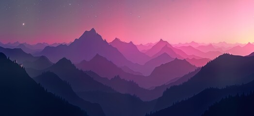 Fototapeta premium Purple, black gradient mountain range panorama. Soft lighting effect creates vibrant color transitions. Beautiful illustration design ideal for wallpapers banners. Smooth texture, abstract, modern,