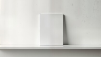 White blank canvas stands upright on empty shelf against plain white wall. Minimalist interior design element. Simple display. Clean, contemporary aesthetic. Solitary object on shelf. Versatile for