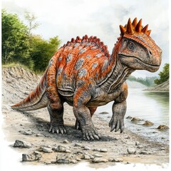 Fototapeta premium Prehistoric reptile by riverbank, paleontological illustration
