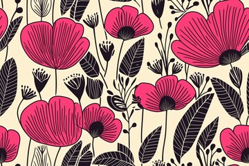 Obraz premium Padrão floral contínuo com flores estilizadas em tons vibrantes de rosa, laranja e preto, com folhas detalhadas em fundo claro, criado com IA generativa. 