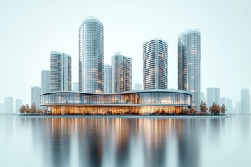 Fototapeta premium Modern skyscrapers with a reflective water foreground and sleek design.