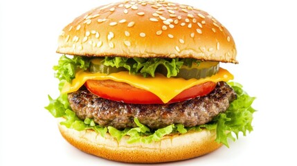 A perfectly grilled hamburger with a juicy beef patty, fresh lettuce, tomato