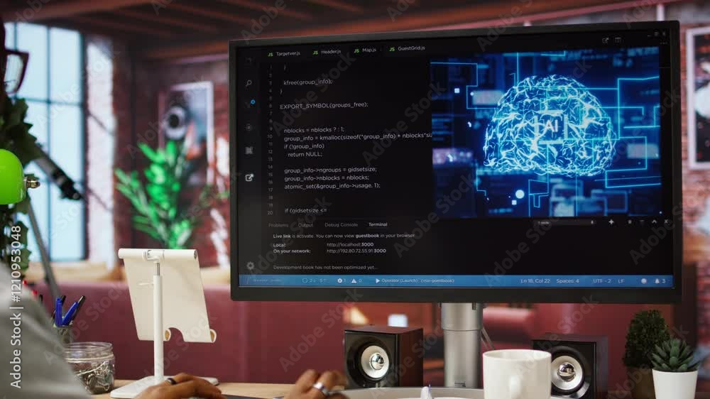 Fototapete it engineer drinking coffee, using computer at home for artificial intelligence computing. close up 