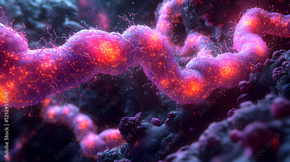 Poster glowing dna helix: microscopic 3d rendering of cellular structure