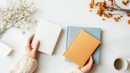 Obraz premium Hands holding books on table with flowers and cup of coffee, creating cozy atmosphere