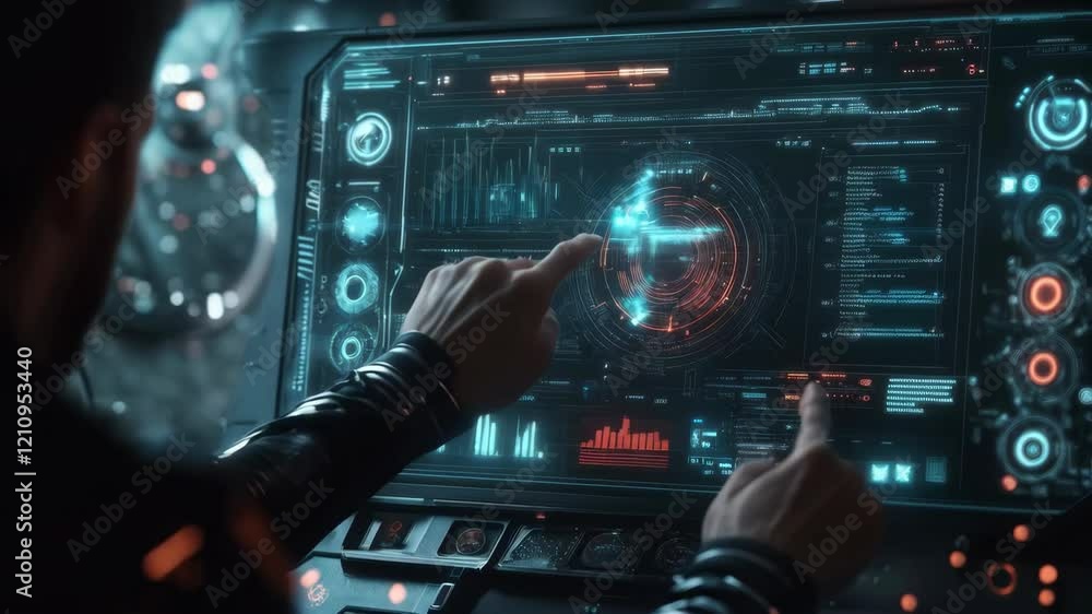 Aufkleber scifi interface navigation: hand interacting with futuristic digital display