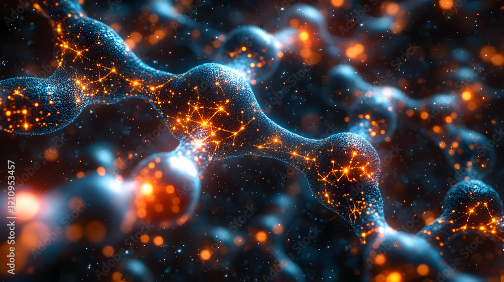 Poster glowing molecular structure abstract background. intricate network of energy particles with orange a