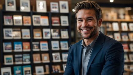Fototapeta premium Smiling businessman in a bookstore, surrounded by bookshelves. A portrait showcasing success and professionalism.