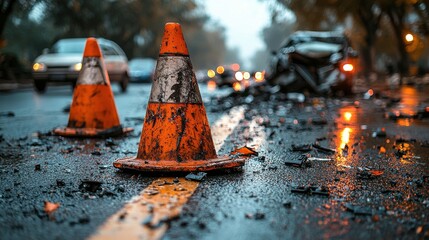 Car crash on a rainy street with debris and traffic cones marking the accident site