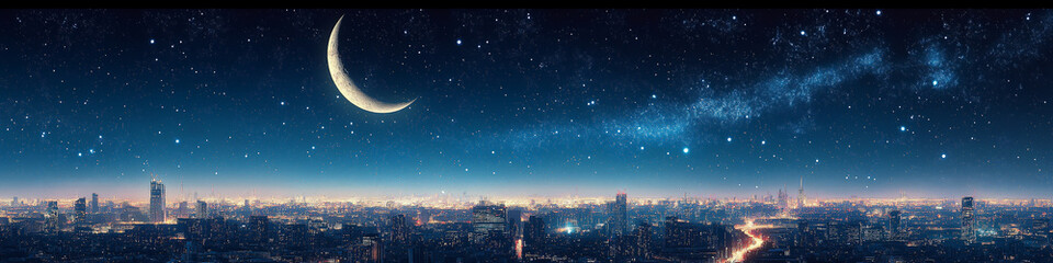 Obraz premium Crescent moon and stars shining brightly above a modern cityscape