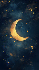 Naklejka premium Golden crescent moon shining bright in starry night sky
