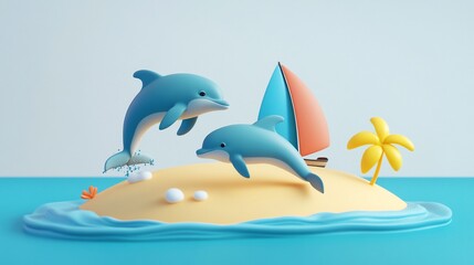 Naklejka premium Two playful dolphins leap near a sailboat on a tropical island.