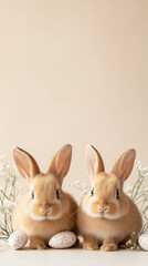 Fototapeta premium Two adorable baby rabbits posing with easter eggs and flowers with copy space