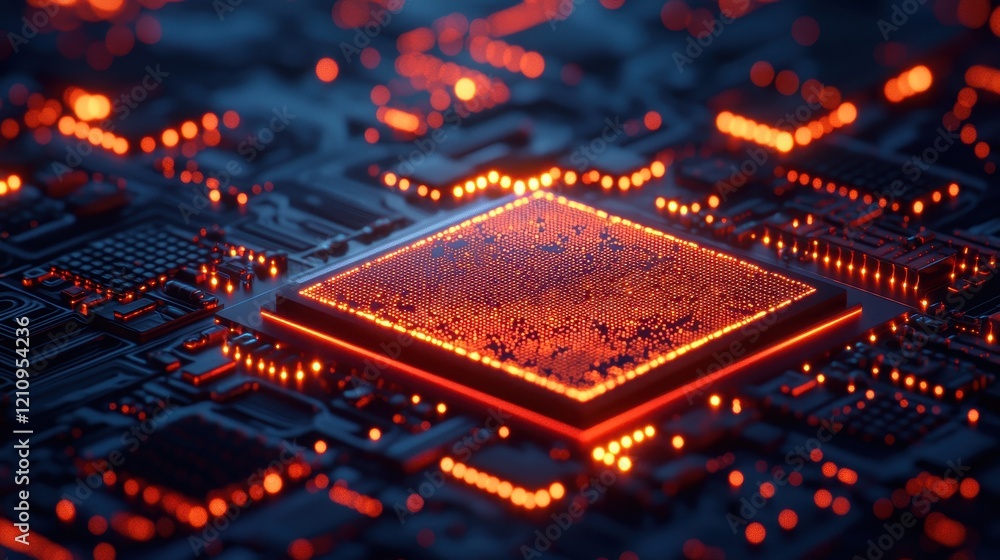 Poster abstract technology image of circuit board highlighted with led lights
