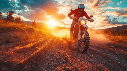 Enthusiastic motorcyclist rides through dusty trail against a vibrant sunset backdrop