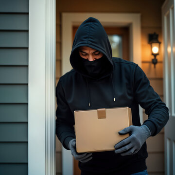 Man in dark clothing, face mask steals package from front door. Robber holding cardboard box. Crime at home. Outdoor scene. Package delivery theft. Winter day. Security issue. Thief hides face. Focus