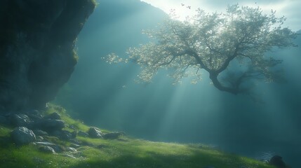 Obraz premium Serene Landscape Featuring Blossoming Tree Over Water