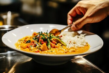 Close-up of a chef plating a delicious curry dish with rice noodles and vegetables.