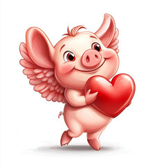 Watercolor cartoon piglet with red heart on white background