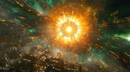 Cosmic reactor core explosion; futuristic city background