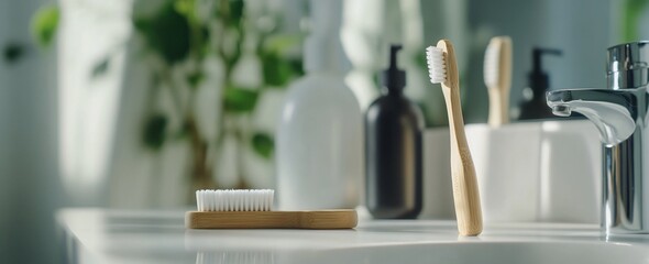 Bamboo toothbrush standing upright on a bathroom sink with other toiletries in the background.