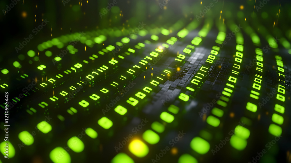 Poster glowing green binary code: abstract digital data stream background