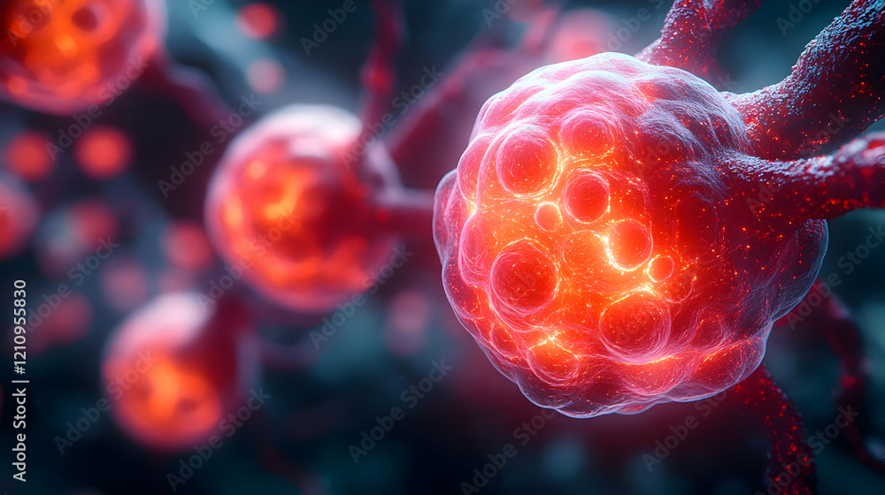 Poster glowing red cells interconnected in complex network microscopic view