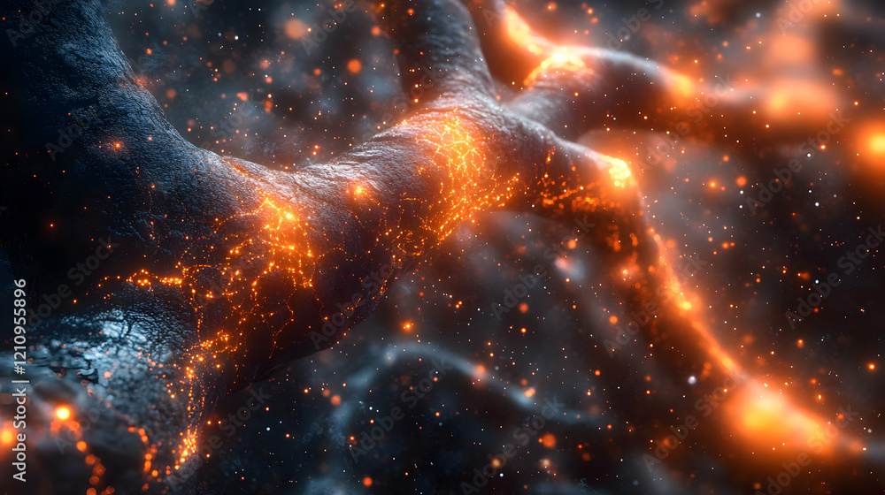 Poster abstract glowing particle network: a cosmic energy flow visualization