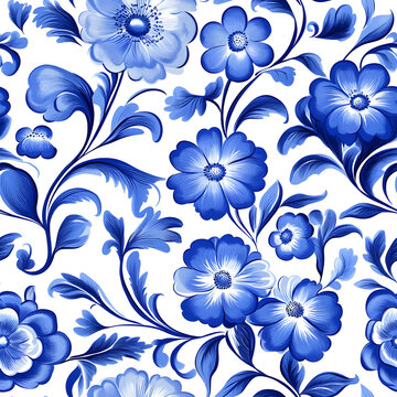 Blue Floral Seamless Pattern  Gzhel Style Flowers Textile