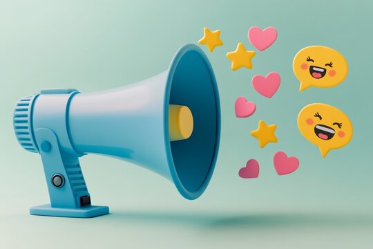 Blue megaphone with emojis and hearts.