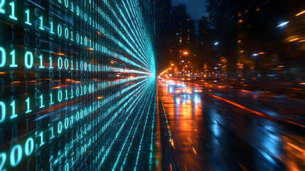Digital Data Stream Flowing Through a Modern City at Night
