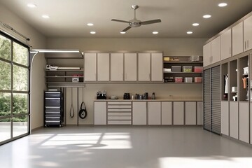 Organized modern garage interior with cabinets, storage, and natural light.