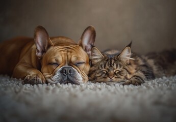 Sleeping dog and cat cuddling on fluffy rug.