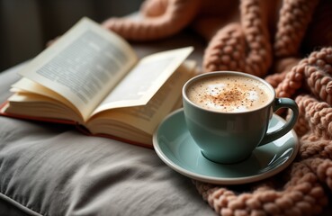 Cozy home scene features open book, cup of hot cocoa coffee placed on knitted blanket draped over couch. Relaxing, inviting atmosphere for moment of quiet enjoyment, learning hobby. Perfect for