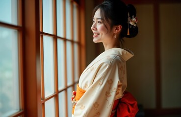 Japanese woman in beautiful kimono. Stands by window looking out. Kimono suitable as banner material for travel. Photo shows hospitality, welcoming. Woman wearing traditional kimono with attractive