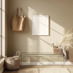Minimalist entryway with bench, bag, and pampas grass.