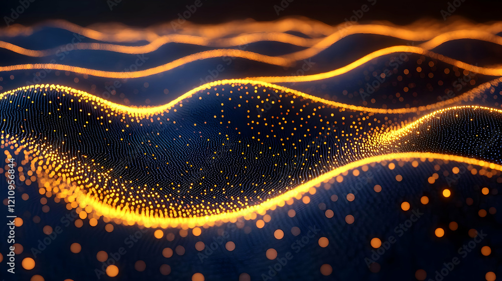 Poster abstract golden waves with glowing particles, dynamic digital art background
