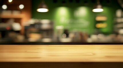Obraz premium Empty wooden table in blurred cafe background.