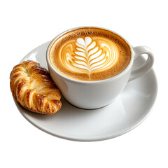 Coffee cup with latte art and croissant on a transparent background