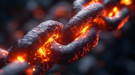 Glowing Metal Chain Links Abstract Background. Intense Heat and Energy Concept. Close-up view of fiery chain links with glowing embers. Industrial des