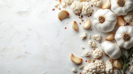 Fototapeta premium Fresh Whole Garlic Bulbs and Scattered Cloves in Natural Setting, Organic Ingredients for Cooking and Seasoning