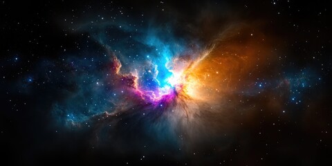 A vibrant nebula bursts with color against a backdrop of dark space, showcasing a cosmic collision of blue, orange, and pink hues. The image evokes a sense of wonder and the vastness of the universe.