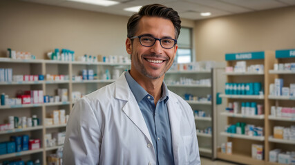 Smiling pharmacist in a clean and well-organized pharmacy.  He's ready to assist customers with their healthcare needs.