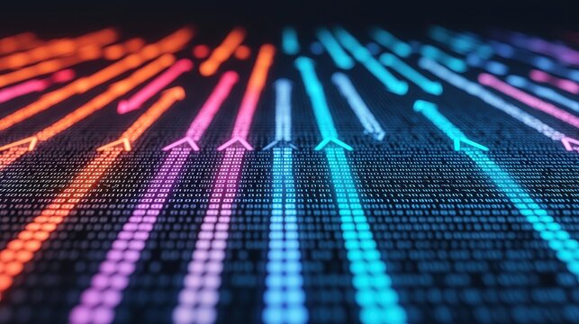 Vibrant Digital Arrows with Binary Code Background in Abstract Design