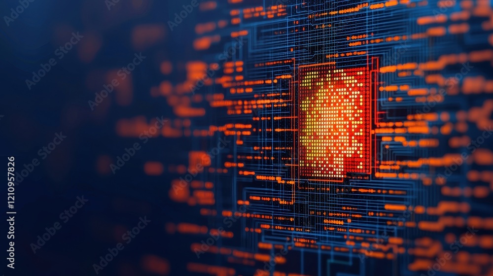 Poster digital circuit board with bright center glow and data streams