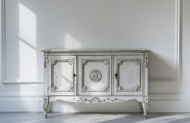 White distressed chest of drawers with floral carvings, ideal for retro and farmhouse-style decor.
