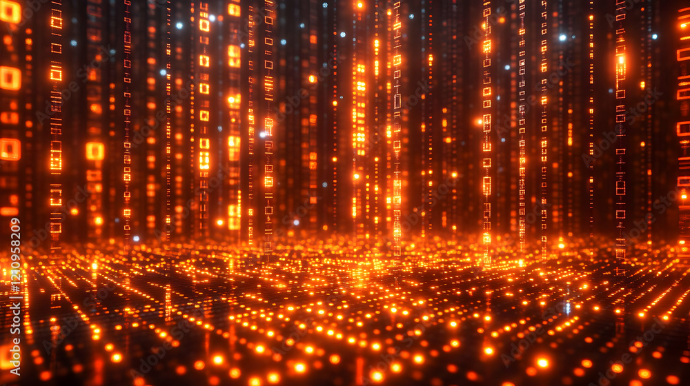 Poster abstract digital data stream with glowing orange numbers and lines