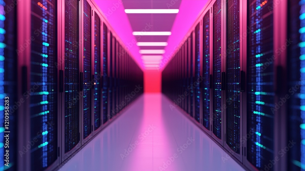 Poster modern data center with bright lighting and server racks in perspective