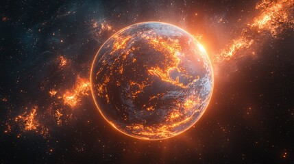 Fototapeta premium Brightly lit planet engulfed in fiery flames with cosmic backdrop during a galactic event