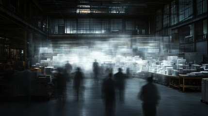 wide shot of workspace showing inventory dashboard, natural lighting, double exposure silhouette with teamwork flow